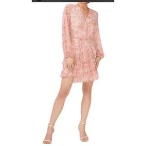 1.State Ivory  Pink Floral Tiered Party Wrap Dress Long Sleeve Vneck Size 8 New